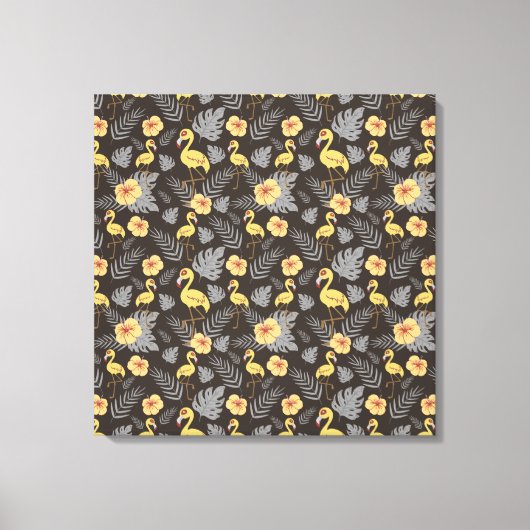 Flamingo nahtloses Muster mit Blume und Blätter Leinwanddruck (Vorderseite)