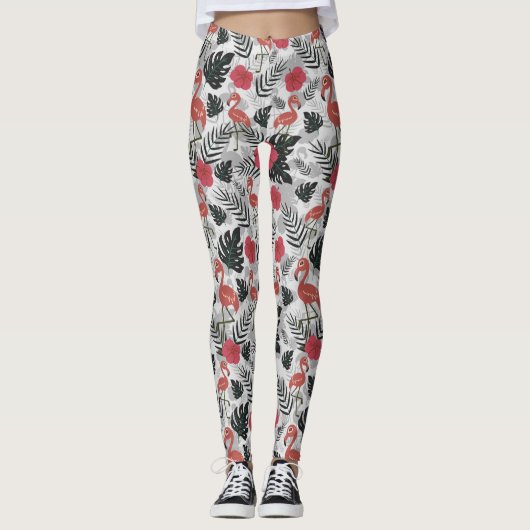 Flamingo nahtloses Muster mit blumengeschmücktem H Leggings (Vorderseite)