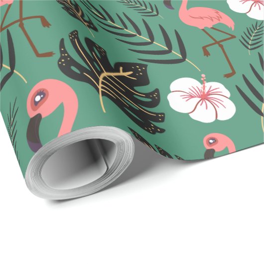 Flamingo nahtloses Muster rosa auf grünem Hintergr Geschenkpapier (Rolleneckpunkt)