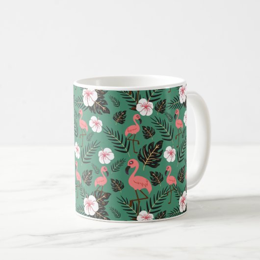 Flamingo nahtloses Muster rosa auf grünem Hintergr Kaffeetasse (VorderseiteRechts)