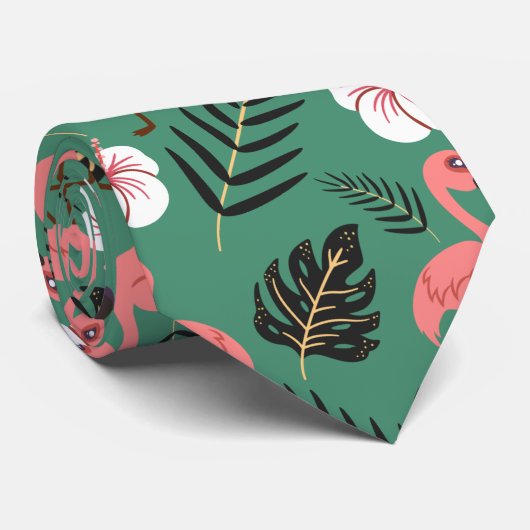 Flamingo nahtloses Muster rosa auf grünem Hintergr Krawatte (Gerollt)