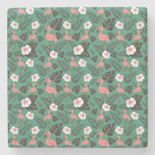 Flamingo nahtloses Muster rosa auf grünem Hintergr Steinuntersetzer (Vorderseite)