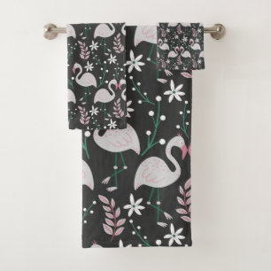 Flamingo nahtloses Muster weiß auf dunklem Hinterg Badhandtuch Set