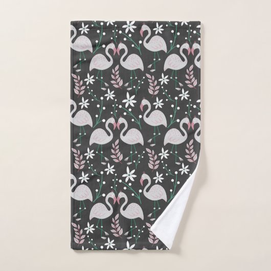 Flamingo nahtloses Muster weiß auf dunklem Hinterg Badhandtuch Set (Handtuch)