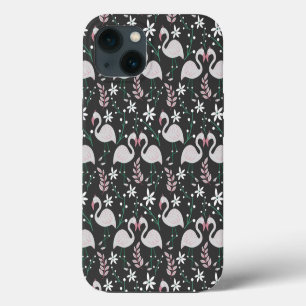 Flamingo nahtloses Muster weiß auf dunklem Hinterg iPhone 13 Hülle