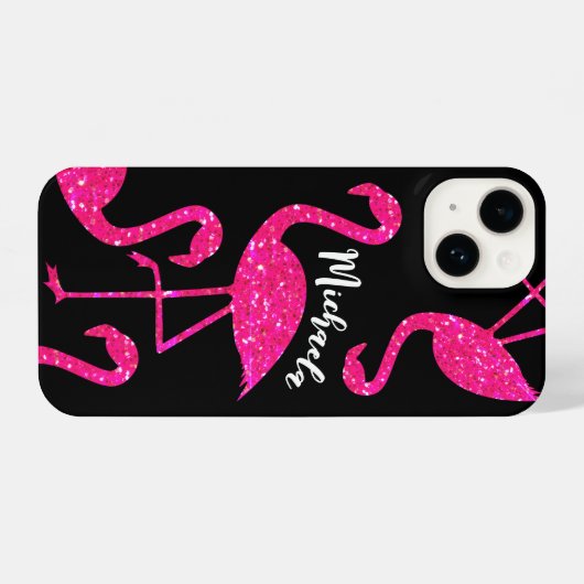 Flamingo Neon rosa Glitzer Glitzern Personalisiere iPhone Hülle (Rückseite (Horizontal))