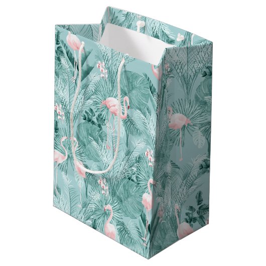 Flamingo Orchid Tropical Pattern Aquamarin ID868 Mittlere Geschenktüte (Rückseite Schrägansicht)