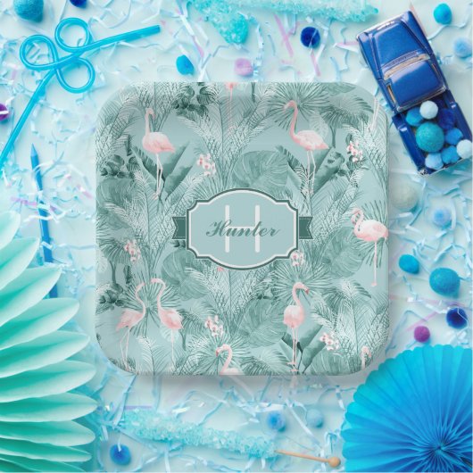 Flamingo Orchid Tropical Pattern Aquamarin ID868 Pappteller (Party)