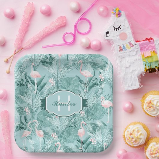 Flamingo Orchid Tropical Pattern Aquamarin ID868 Pappteller (Party)