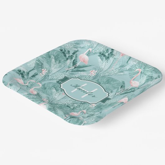 Flamingo Orchid Tropical Pattern Aquamarin ID868 Pappteller (Gewinkelt)