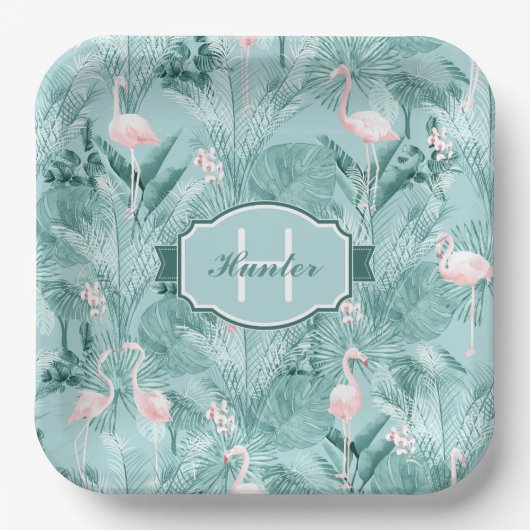 Flamingo Orchid Tropical Pattern Aquamarin ID868 Pappteller (Vorderseite)