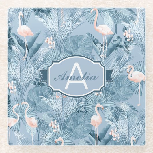 Flamingo Orchid Tropical Pattern Blue ID868 Glasuntersetzer (Vorderseite)