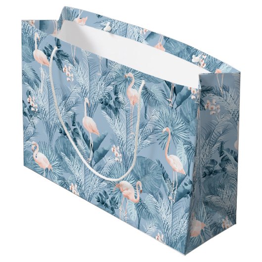 Flamingo Orchid Tropical Pattern Blue ID868 Große Geschenktüte (Rückseite Schrägansicht)