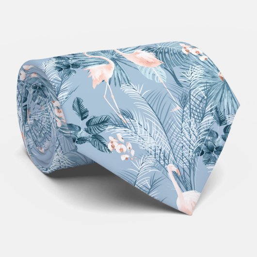 Flamingo Orchid Tropical Pattern Blue ID868 Krawatte (Gerollt)