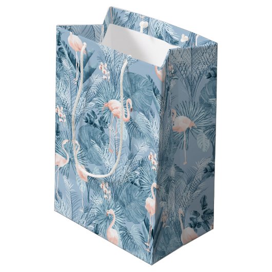 Flamingo Orchid Tropical Pattern Blue ID868 Mittlere Geschenktüte (Rückseite Schrägansicht)