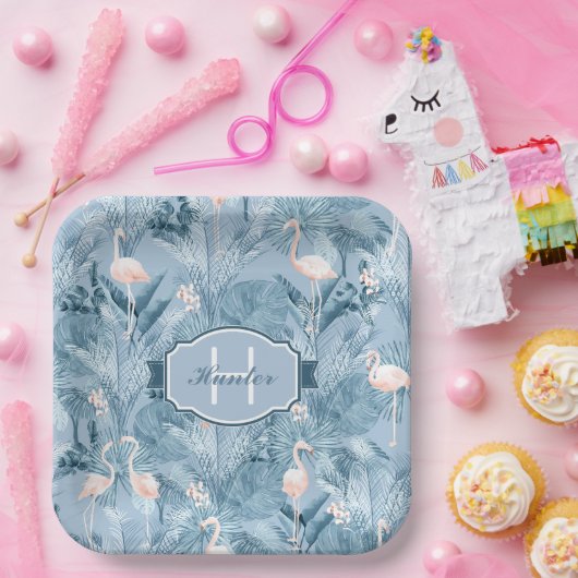 Flamingo Orchid Tropical Pattern Blue ID868 Pappteller (Party)