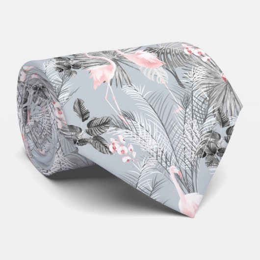 Flamingo Orchid Tropical Pattern Gray ID868 Krawatte (Gerollt)