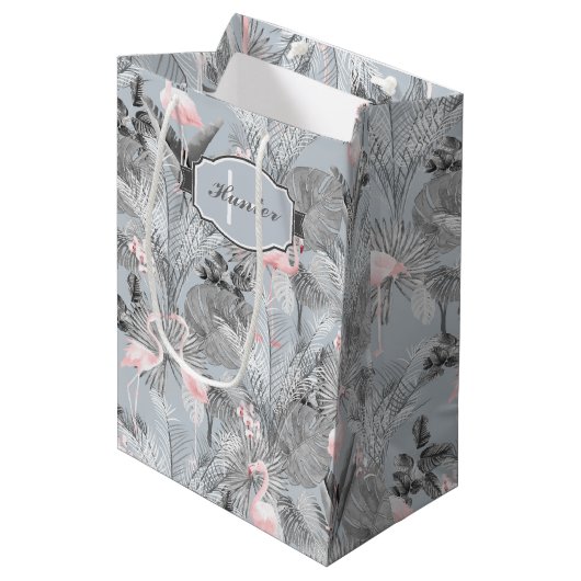 Flamingo Orchid Tropical Pattern Gray ID868 Mittlere Geschenktüte (Vorderseite Schrägansicht)