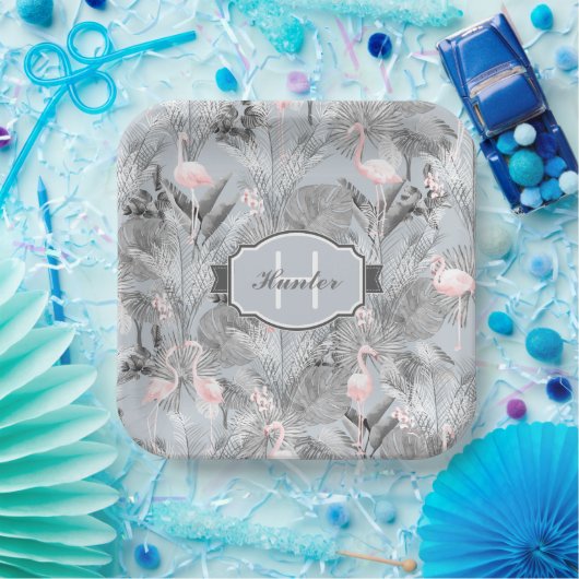 Flamingo Orchid Tropical Pattern Gray ID868 Pappteller (Party)