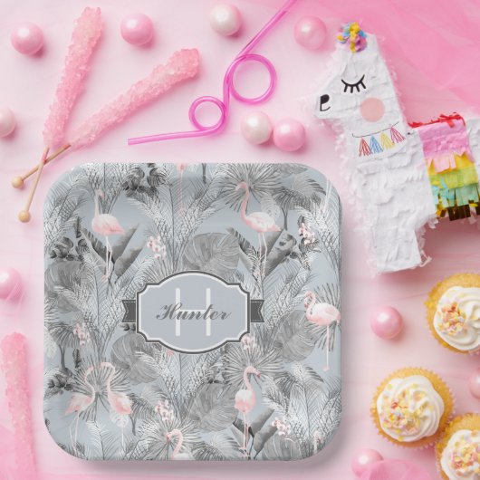 Flamingo Orchid Tropical Pattern Gray ID868 Pappteller (Party)