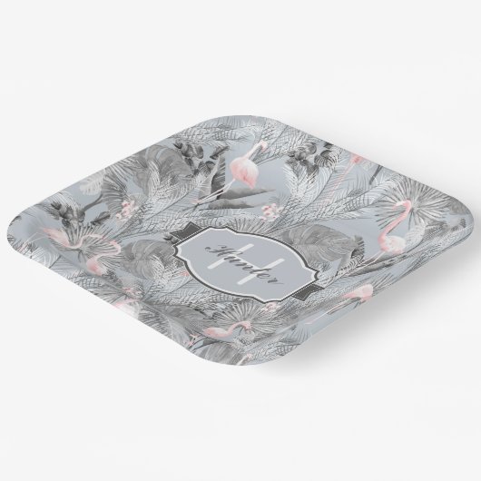 Flamingo Orchid Tropical Pattern Gray ID868 Pappteller (Gewinkelt)
