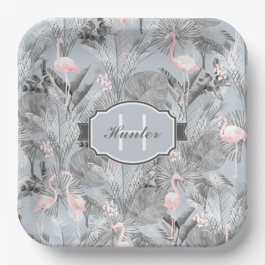 Flamingo Orchid Tropical Pattern Gray ID868 Pappteller (Vorderseite)