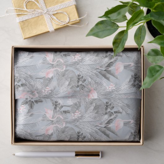 Flamingo Orchid Tropical Pattern Gray ID868 Seidenpapier (Geschenk)