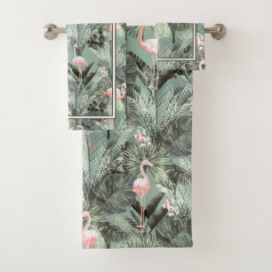Flamingo Orchid Tropical Pattern Sage ID868 Badhandtuch Set