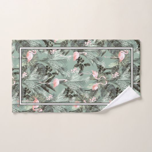 Flamingo Orchid Tropical Pattern Sage ID868 Badhandtuch Set (Handtuch)