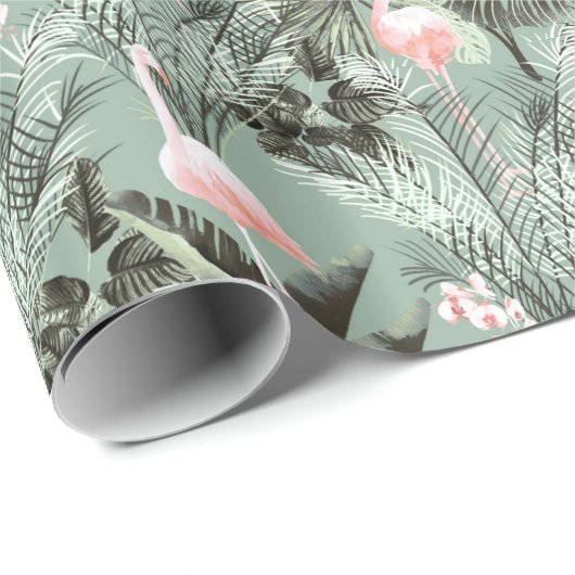 Flamingo Orchid Tropical Pattern Sage ID868 Geschenkpapier (Rolleneckpunkt)