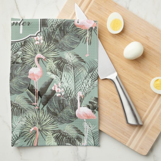 Flamingo Orchid Tropical Pattern Sage ID868 Geschirrtuch (Viertel Falte)