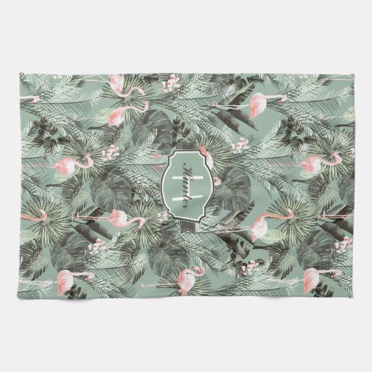 Flamingo Orchid Tropical Pattern Sage ID868 Geschirrtuch (Horizontal)