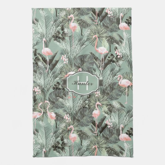 Flamingo Orchid Tropical Pattern Sage ID868 Geschirrtuch (Vertikal)