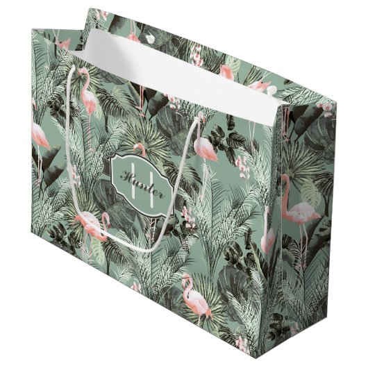 Flamingo Orchid Tropical Pattern Sage ID868 Große Geschenktüte (Vorderseite Schrägansicht)