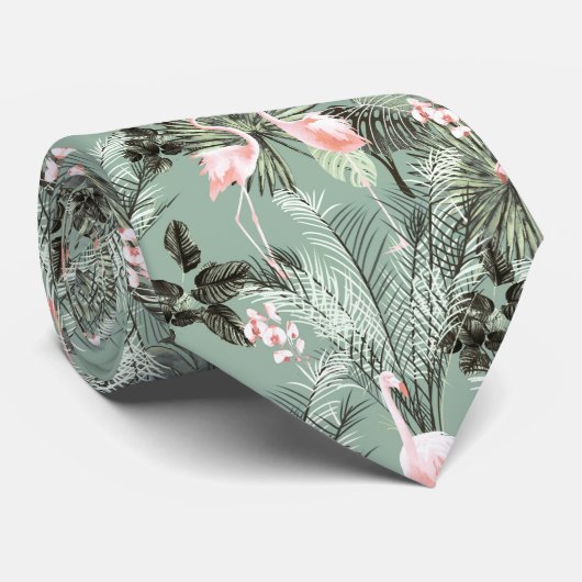 Flamingo Orchid Tropical Pattern Sage ID868 Krawatte (Gerollt)