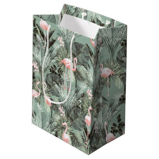 Flamingo Orchid Tropical Pattern Sage ID868 Mittlere Geschenktüte (Rückseite Schrägansicht)