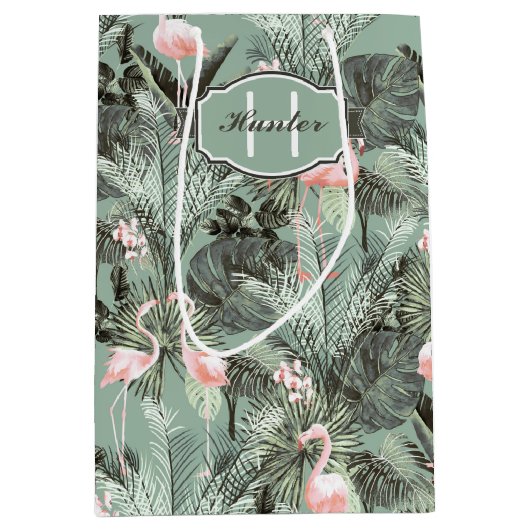 Flamingo Orchid Tropical Pattern Sage ID868 Mittlere Geschenktüte (Vorderseite)