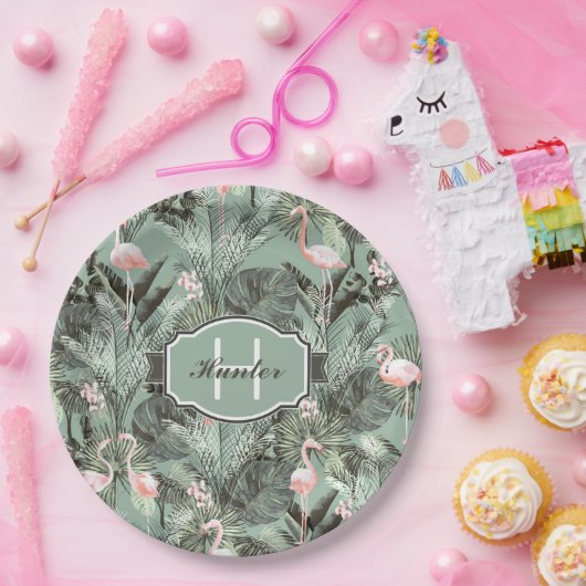 Flamingo Orchid Tropical Pattern Sage ID868 Pappteller (Party)