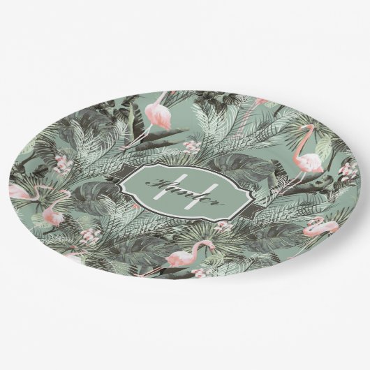 Flamingo Orchid Tropical Pattern Sage ID868 Pappteller (Schrägansicht)