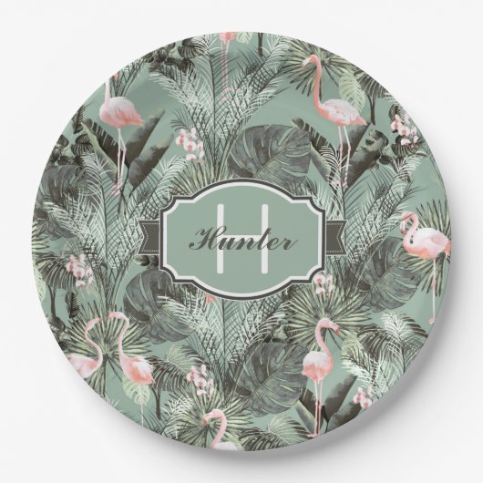 Flamingo Orchid Tropical Pattern Sage ID868 Pappteller (Vorderseite)