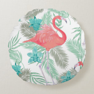 Flamingo, Orchidee: romantisches Vintages Muster. Rundes Kissen