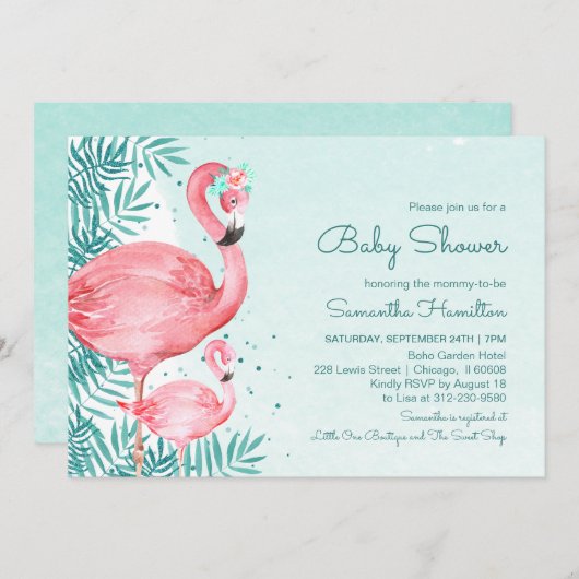 Flamingo & Palm Blätter Aquamarin Watercolor Baby  Einladung (Vorne/Hinten)