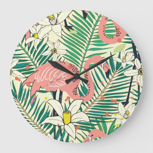 Flamingo Palm Blätter: Tropisch Vintag Große Wanduhr (Vorderseite)