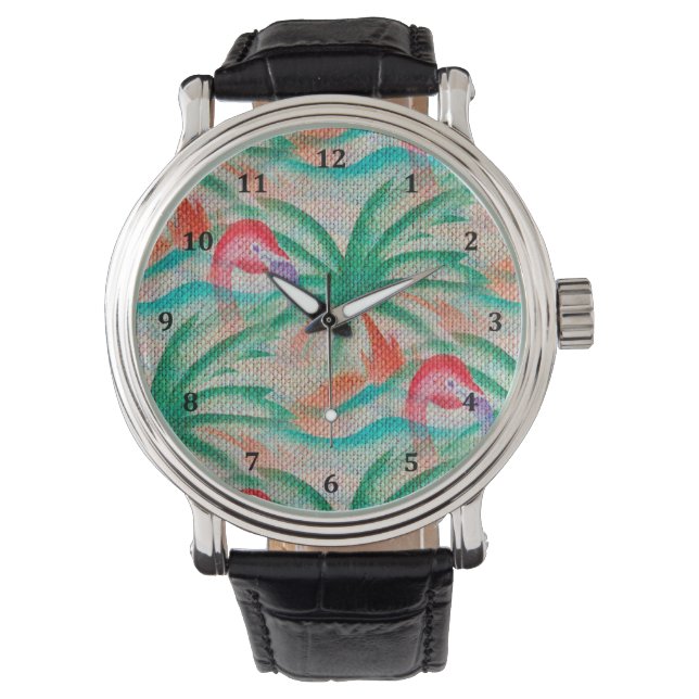 Flamingo Palm Tree Burlap Look Armbanduhr (Vorderseite)