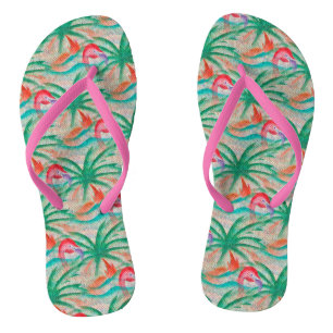 Flamingo Palm Tree Burlap Look Badesandalen