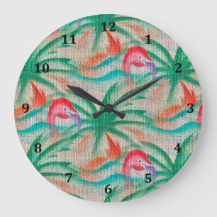 Flamingo Palm Tree Burlap Look Große Wanduhr