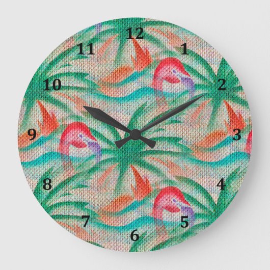 Flamingo Palm Tree Burlap Look Große Wanduhr (Vorderseite)