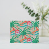 Flamingo Palm Tree Burlap Look Postkarte (Stehend Vorderseite)