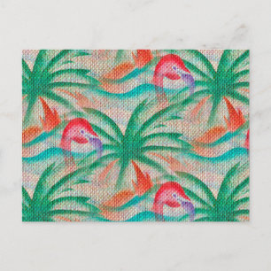 Flamingo Palm Tree Burlap Look Postkarte