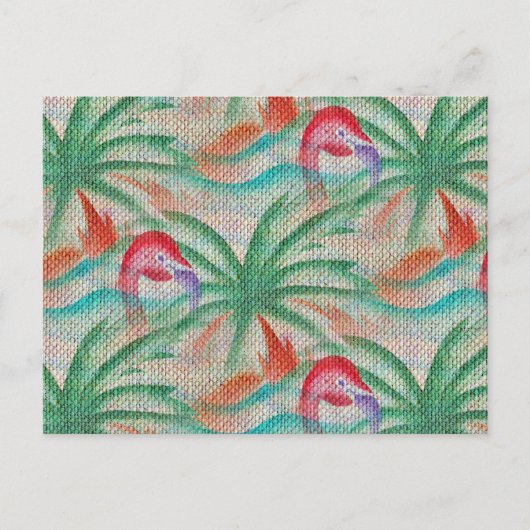 Flamingo Palm Tree Burlap Look Postkarte (Vorderseite)